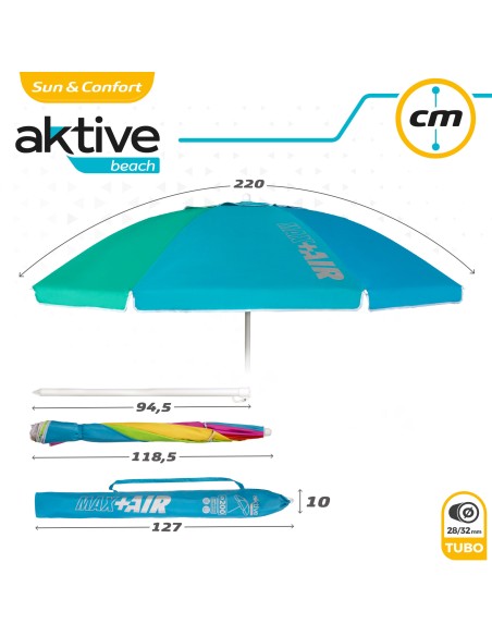Guarda-sol de praia anti-vento 8 varetas 220 cm multicolorido