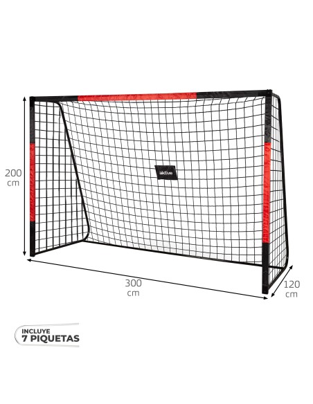 Baliza de futebol de aço 300x120x200 cm com rede resistente e 7 pinos
