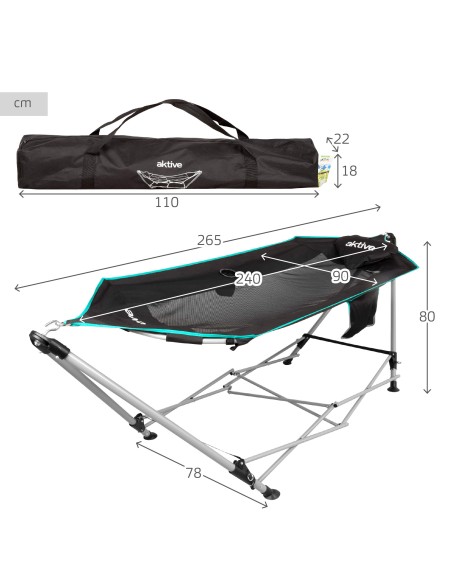 Rede de acampamento dobrável 265x78x80 cm preta com porta-copos