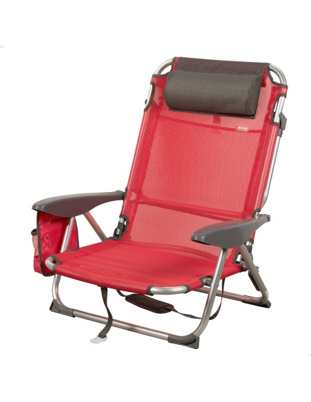 Cadeira de praia baixa XL multiposição 51x45x76 cm vermelha com bolso e almofada