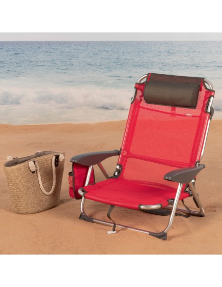 Cadeira de praia baixa XL multiposição 51x45x76 cm vermelha com bolso e almofada