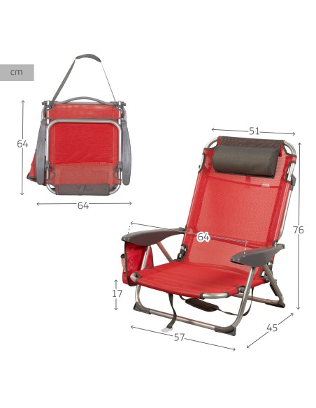Cadeira de praia baixa XL multiposição 51x45x76 cm vermelha com bolso e almofada