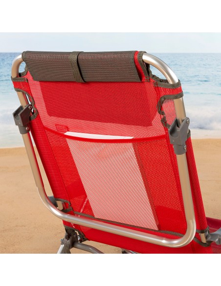 Cadeira de praia baixa XL multiposição 51x45x76 cm vermelha com bolso e almofada