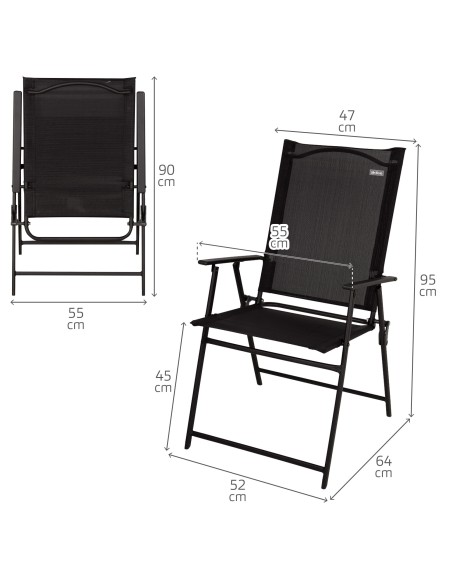 Pacote de 2 cadeiras de jardim dobráveis finas, 47x64x95 cm, pretas, com braços