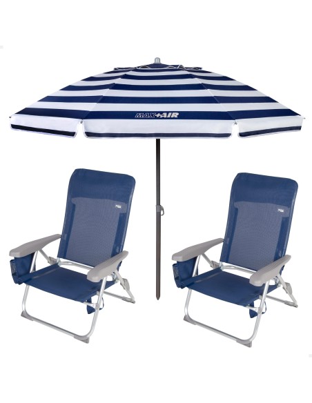 Pack 2 cadeiras azul marinho + guarda-sol 200 cm riscas