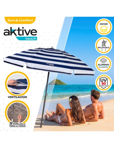 Pack 2 cadeiras azul marinho + guarda-sol 200 cm riscas