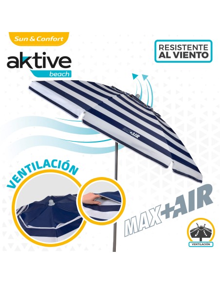 Pack 2 cadeiras azul marinho + guarda-sol 200 cm riscas