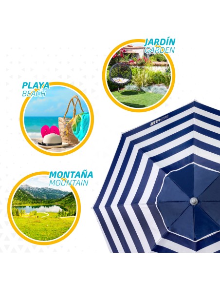 Pack 2 cadeiras azul marinho + guarda-sol 200 cm riscas