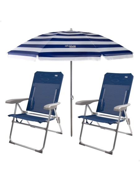 Pack 2 cadeiras azul marinho + guarda-sol 180 cm riscas | Aktive