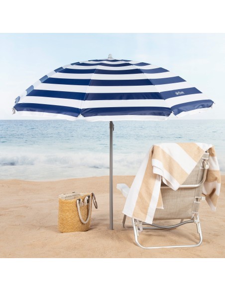 Pack 2 cadeiras azul marinho + guarda-sol 180 cm riscas | Aktive