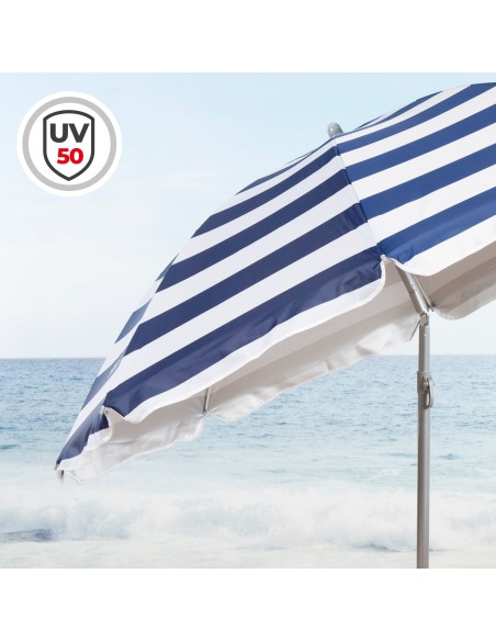 Pack 2 cadeiras azul marinho + guarda-sol 180 cm riscas | Aktive