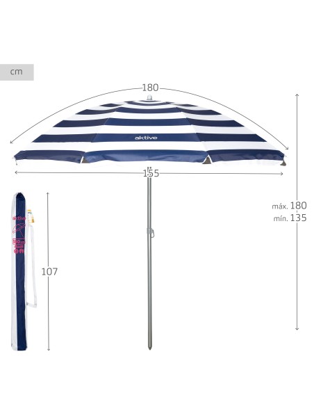 Pack 2 cadeiras azul marinho + guarda-sol 180 cm riscas | Aktive