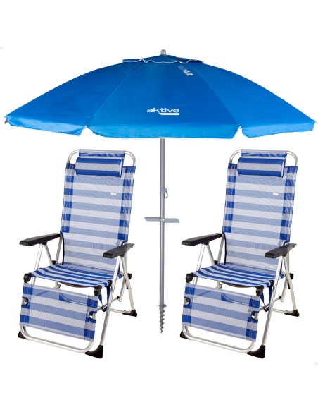 Pack 2 espreguiçadeiras riscas + guarda-sol twister 220 cm | Aktive