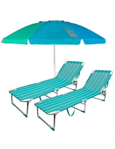 Pack 2 espreguiçadeiras turquesa + guarda-sol 220 cm | Aktive