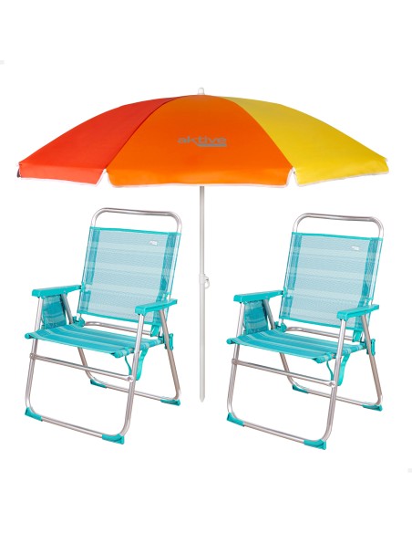 Pack 2 cadeiras turquesa com bolso + guarda-sol 180 cm | Aktive