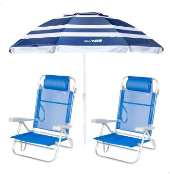 Pack 2 cadeiras azul + guarda-sol riscado 200 cm | Aktive
