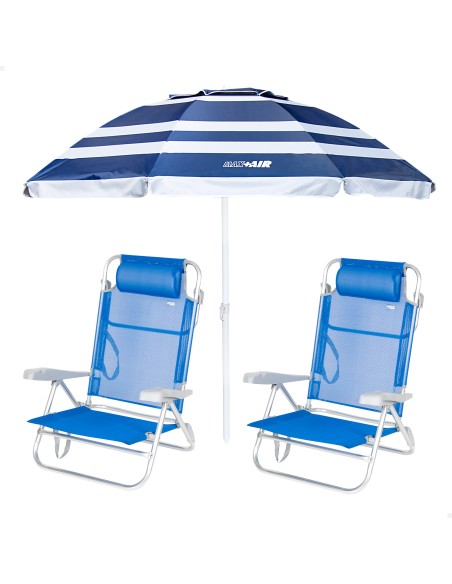 Pack 2 cadeiras azul + guarda-sol riscado 200 cm | Aktive