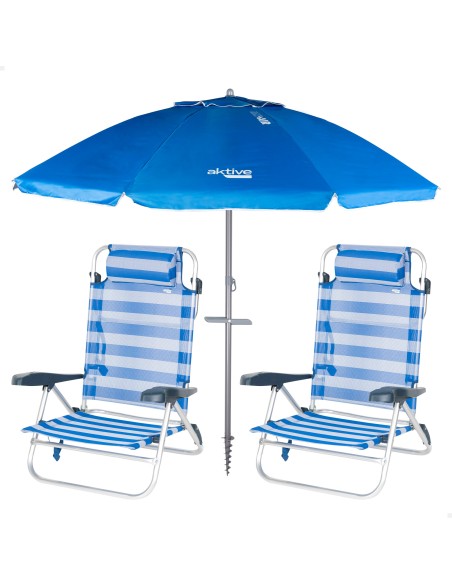 Pack 2 cadeiras riscas + guarda-sol twister 200 cm azul