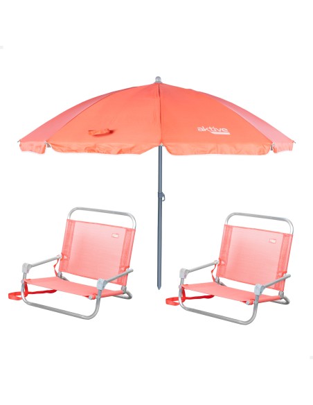 Pack 2 cadeiras baixas fixas coral + guarda-sol 180 cm