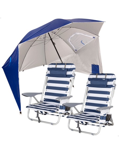 Pack 2 cadeiras mochila + guarda-sol 240 cm com pára-ventos | Aktive