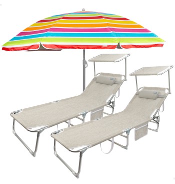 Pack 2 espreguiçadeiras bege + guarda-sol 220 cm...