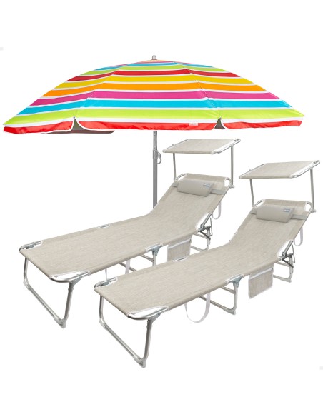 Pack 2 espreguiçadeiras bege + guarda-sol 220 cm multicolorido | Aktive