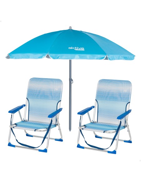 Pack 2 cadeiras fixas anti-capotamento azuis + guarda-sol 180 cm