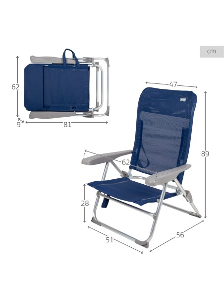 Cadeira de praia dobrável e compacta com múltiplas posições, 47x56x89 cm, azul