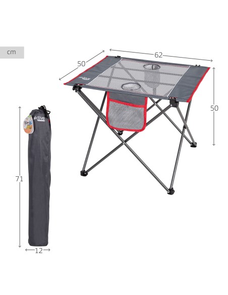 Mesa de campismo dobrável com bases e bolso