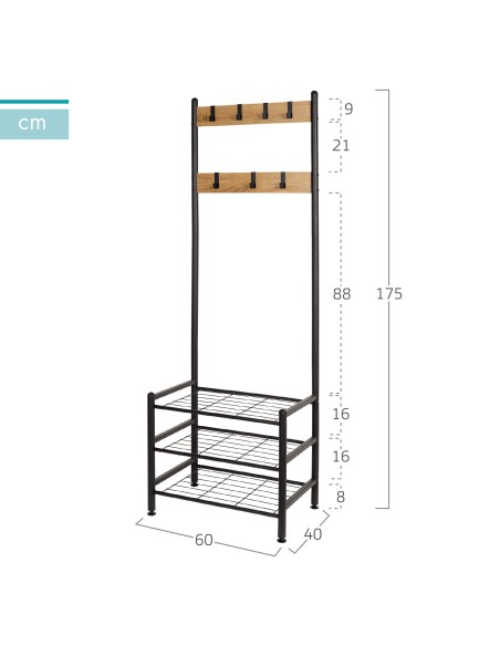 Max Home Sapateira em madeira e aço com 3 prateleiras metálicas 60x40x175 cm