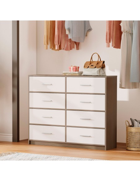 Max Home Cómoda branca e madeira 8 gavetas em tecido 114x30x92 cm