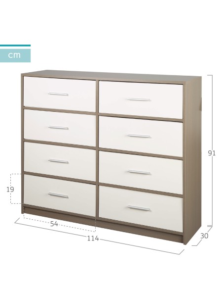 Max Home Cómoda branca e madeira 8 gavetas em tecido 114x30x92 cm