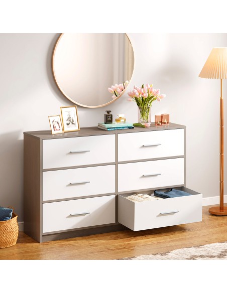 Max Home Cómoda em branco e madeira 6 gavetas em tecido