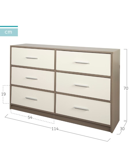 Max Home Cómoda em branco e madeira 6 gavetas em tecido