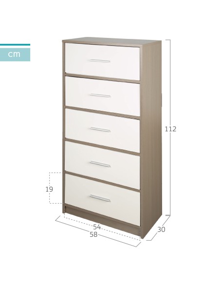 Max Home Cómoda branca e de madeira 5 gavetas em tecido 58x30x112 cm