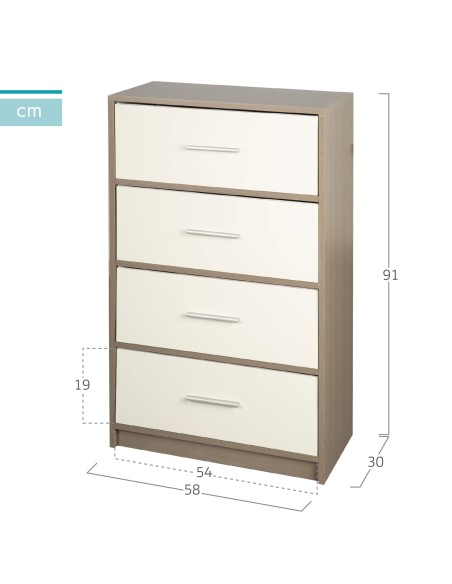 Max Home Cómoda branca e em madeira 4 gavetas em tecido 58x30x91 cm