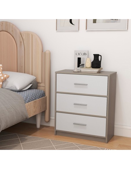 Max Home Mesita de noche blanca y madera 3 cajones de tela 58x30x70 cm