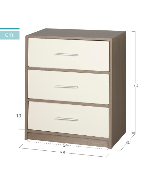 Max Home Mesita de noche blanca y madera 3 cajones de tela 58x30x70 cm