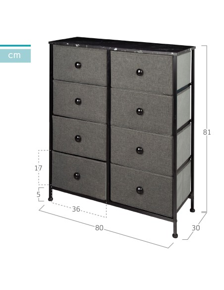 Max Home Cómoda com efeito mármore preto 8 gavetas em tecido 80x30x81 cm