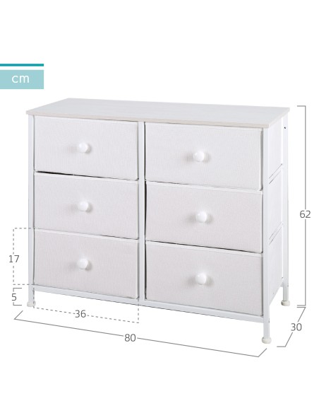 Max Home Cómoda branca 6 gavetas em tecido 80x30x62 cm