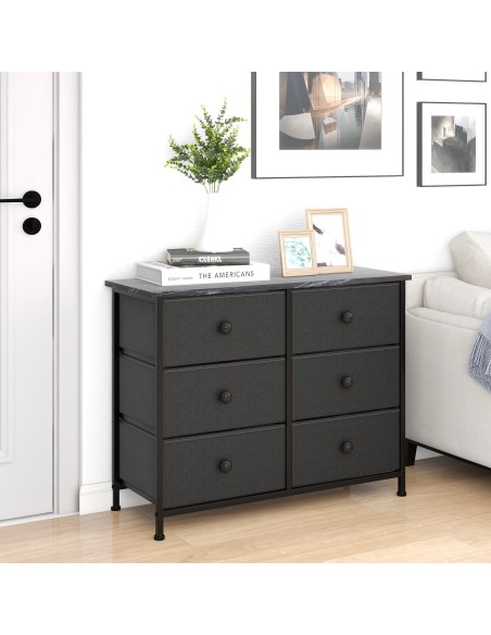 Max Home Cómoda de efeito mármore preto 6 gavetas em tecido 80x30x62 cm