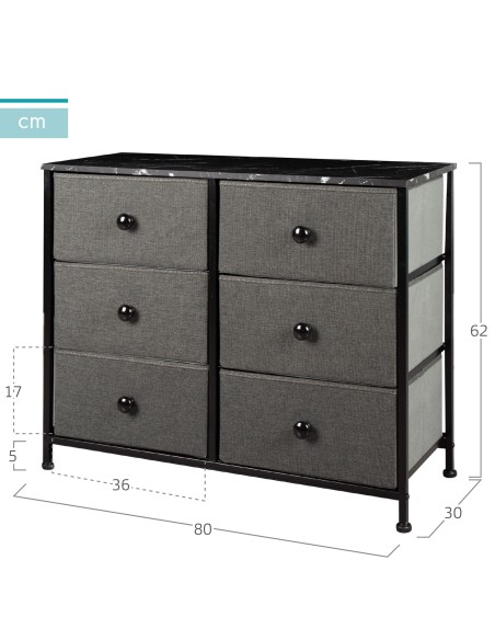 Max Home Cómoda de efeito mármore preto 6 gavetas em tecido 80x30x62 cm