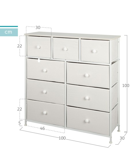 Max Home Cómoda branca 9 gavetas em tecido 100x30x100 cm
