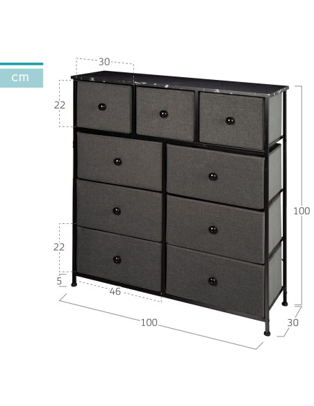 Max Home Cómoda efeito mármore preto 9 gavetas em tecido 100x30x100 cm