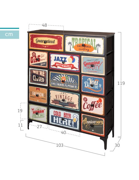 Max Home Vintage Cómoda de 14 gavetas em tecido com design retro