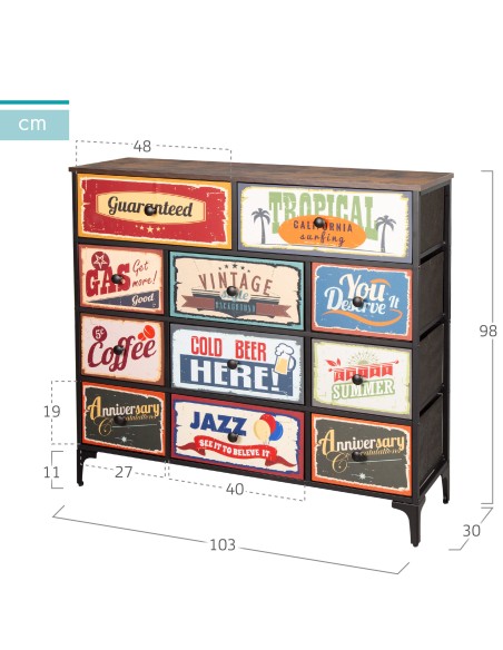 Max Home Cómoda vintage de 11 gavetas design retro tecido 103x30x98 cm