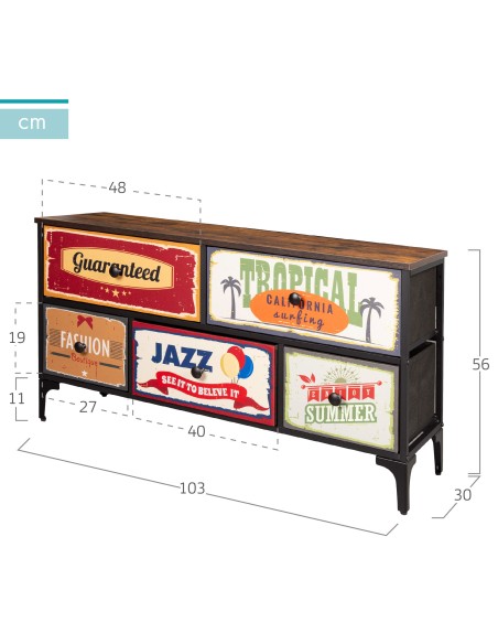 Max Home Cómoda Vintage 5 gavetas design retro tecido 103x30x56 cm