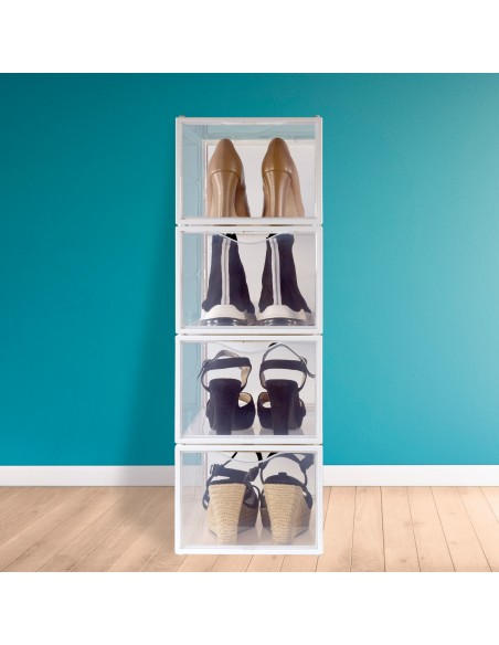 Max Home Pack 4 caixas de sapatos transparentes empilháveis e caixas de sapatos anti-tombamento T.46