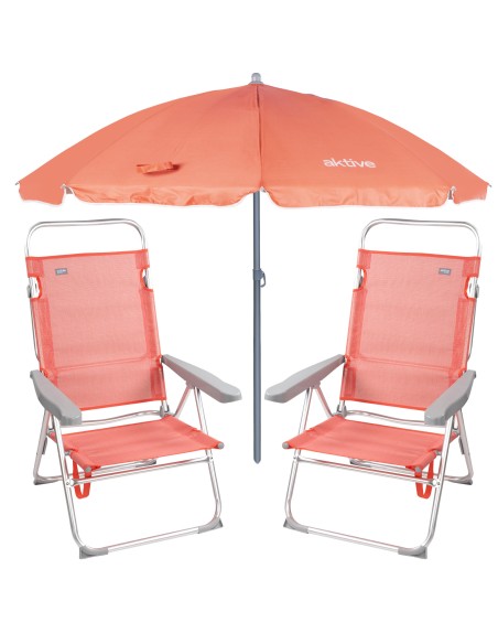 Pack de 2 cadeiras de praia dobráveis + guarda-sol com 8 varas de 180 cm cor coral