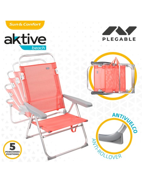 Pack de 2 cadeiras de praia dobráveis + guarda-sol com 8 varas de 180 cm cor coral